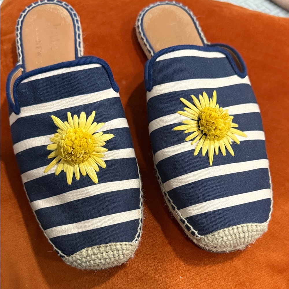 KATE SPADE Navy and White Striped Mules with Yellow Floral Detail size 7.5